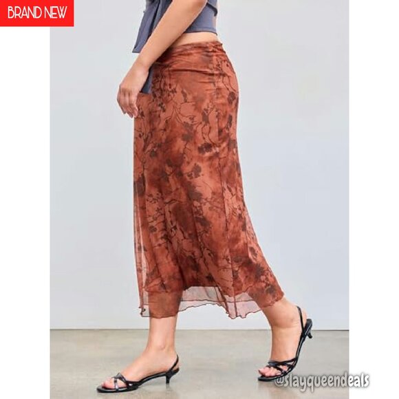 High Waist Mesh Midi Skirt Floral Design Stretchy Polyester Spandex - Picture 5 of 7